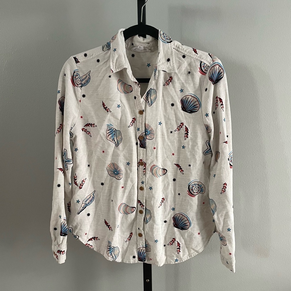 Jane and Delancey Linen Blend Seashell Star Button Up Shirt Size Large